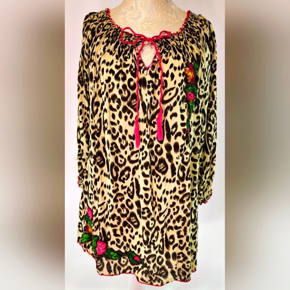 Krista Lee animal print tunic blouse with flower embroidery